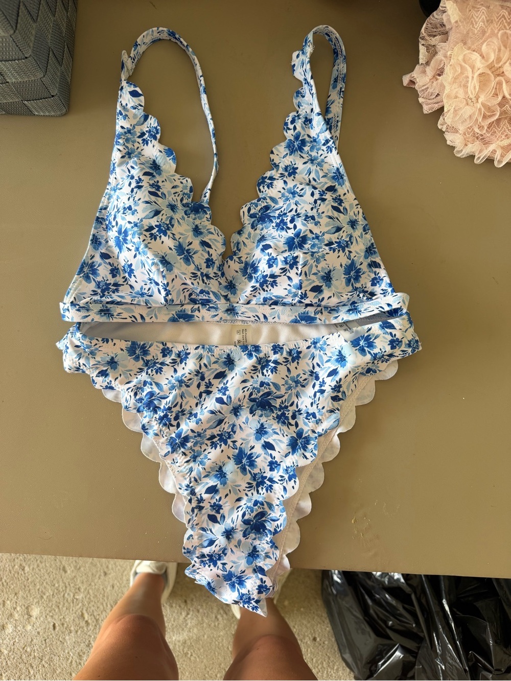 Blue Floral Scallop Trim  & High-Cut Bikini Set